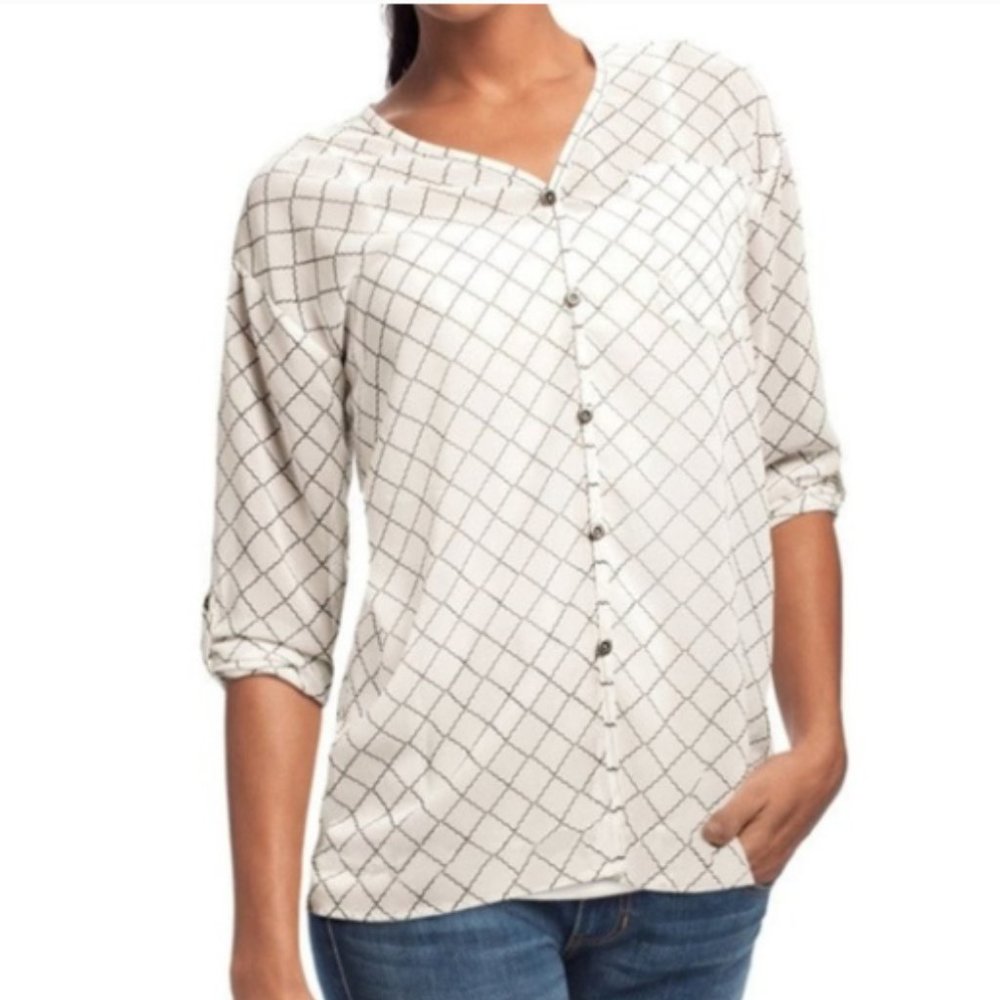 CAbi Womens Blouse Sz S Sheer Chessboard Wave White Blouse Button Front
